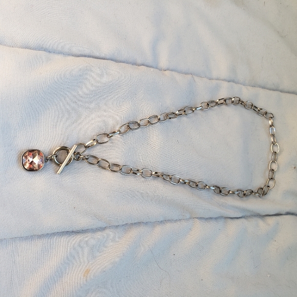 Elegant Silver Pink Jewelry Set Toggle Clasp Necklace & Dangle Earrings - Picture 9 of 13